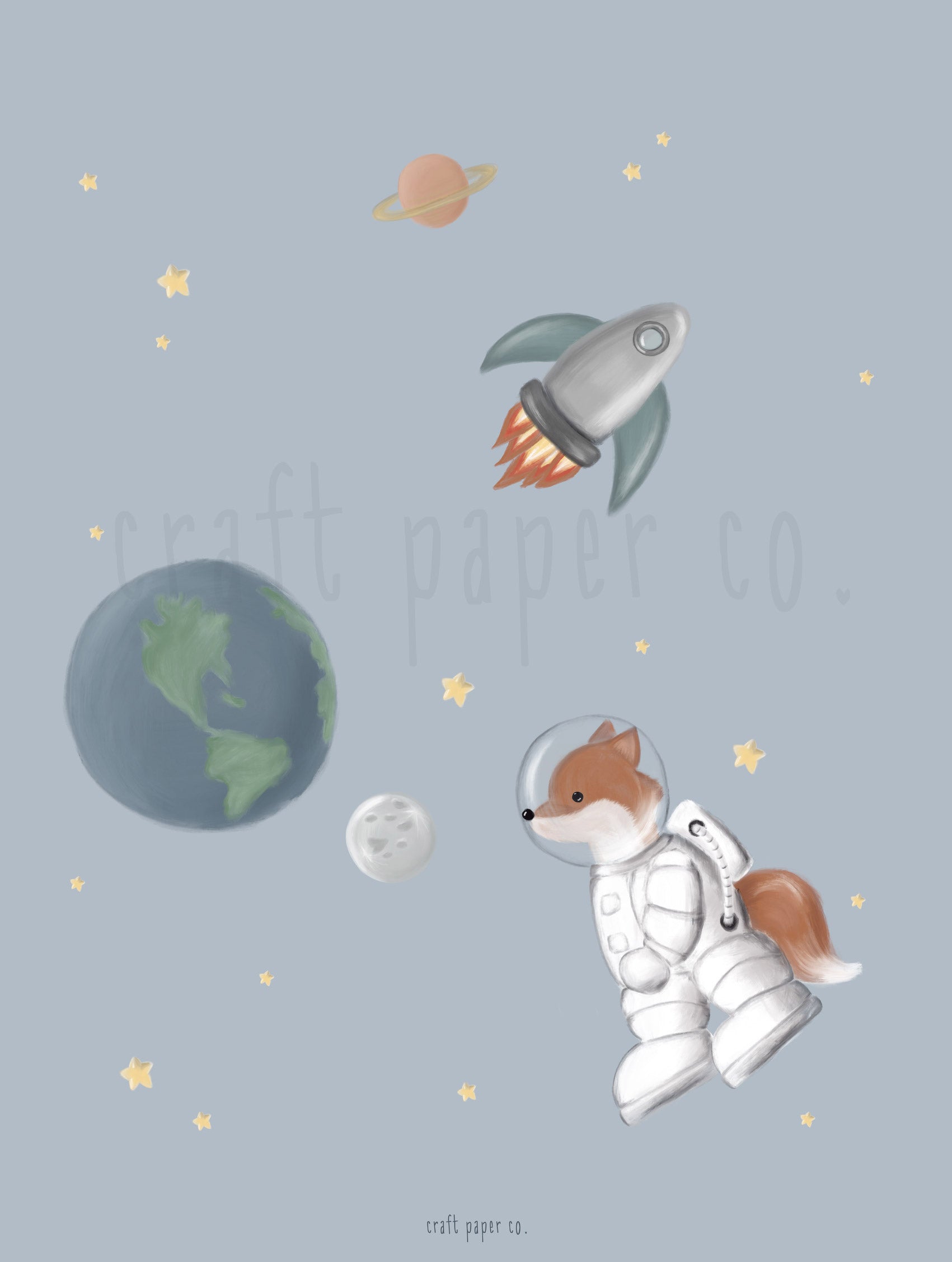 Fox On Space Çocuk Odası Posteri — detay görünümü | Craft Paper Co
