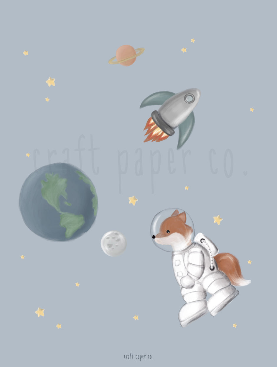 Fox On Space Çocuk Odası Posteri — detay görünümü | Craft Paper Co