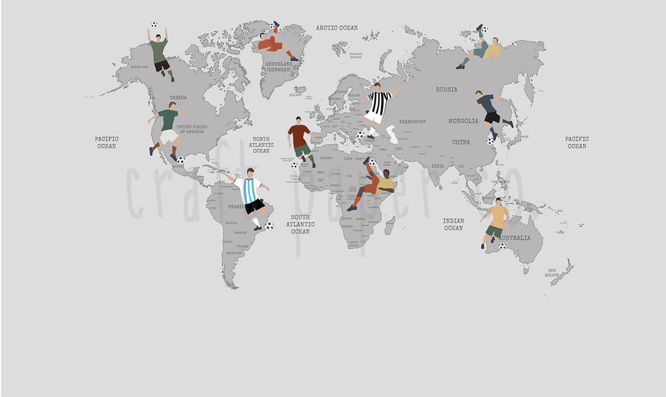 Futbol Dünya Haritası Duvar Kağıdı; gri harita üzerinde on futbolcu, farklı formalar ve toplar | Craft Paper Co