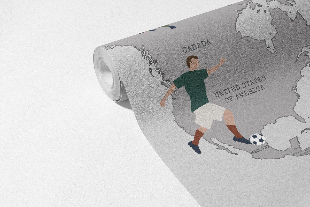 Futbol Dünya Haritası Duvar Kağıdı; açılmış 94 cm non-woven ruloda futbolcu ve top figürleri | Craft Paper Co