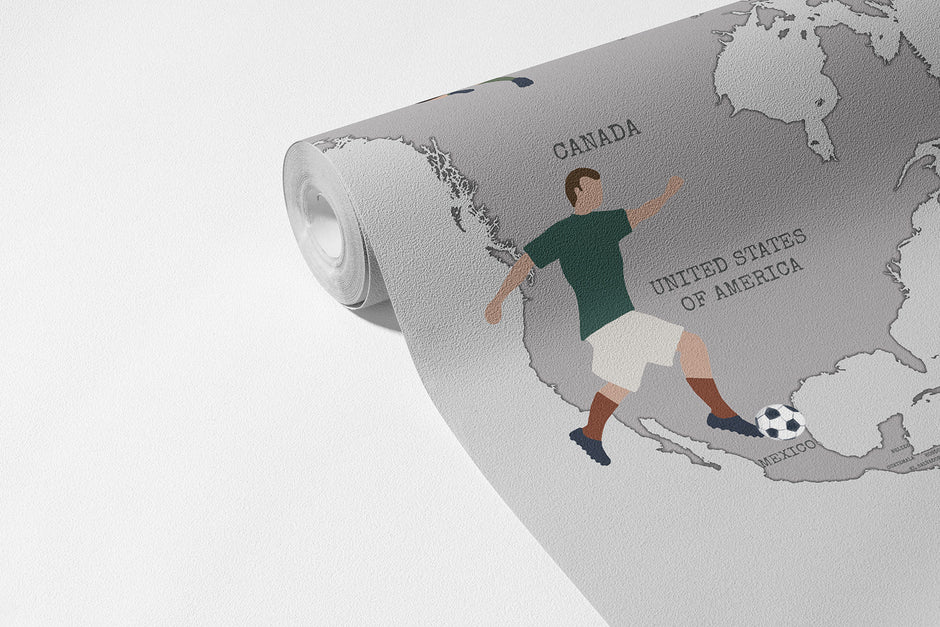 Futbol Dünya Haritası Duvar Kağıdı; açılmış 94 cm non-woven ruloda futbolcu ve top figürleri | Craft Paper Co