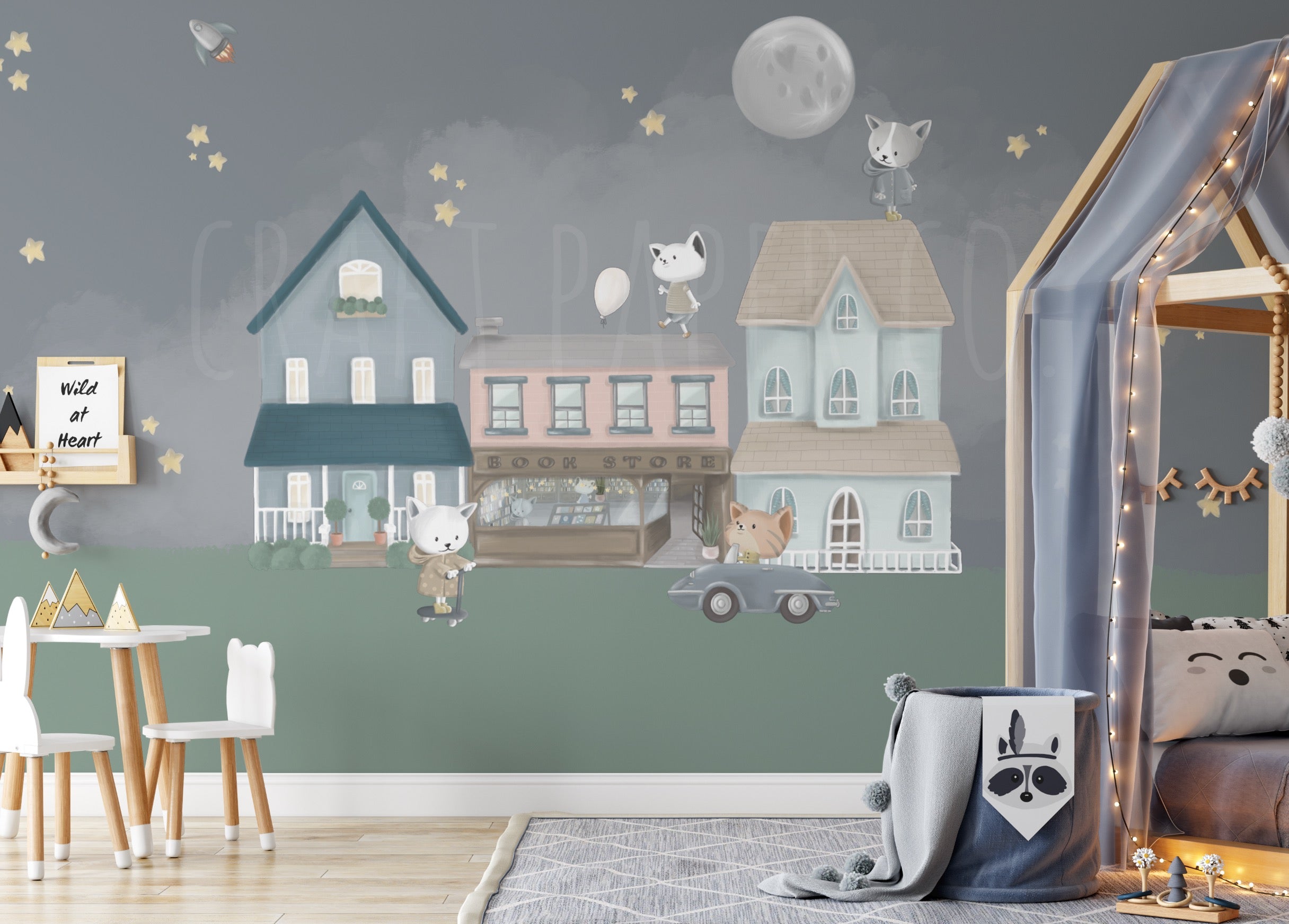 Gece Çocuk Odası Duvar Kağıdı — El çizimi, ölçüye özel üretim | Craft Paper Co