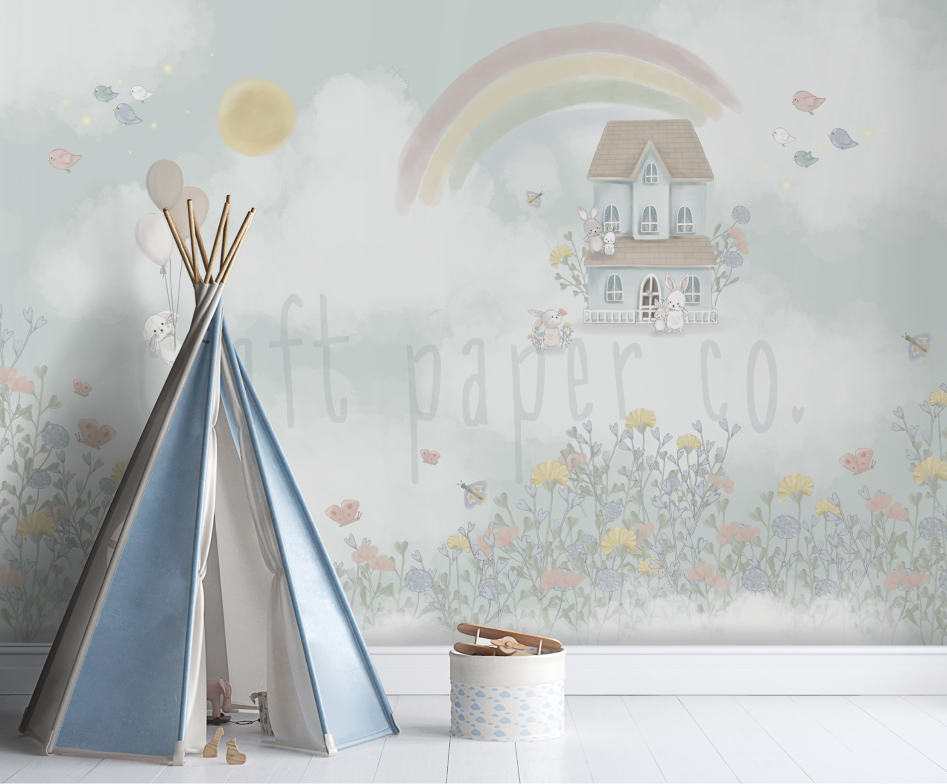 Gökkuşağı Evi Hayali Çocuk Odası Duvar Kağıdı — El çizimi, ölçüye özel üretim | Craft Paper Co