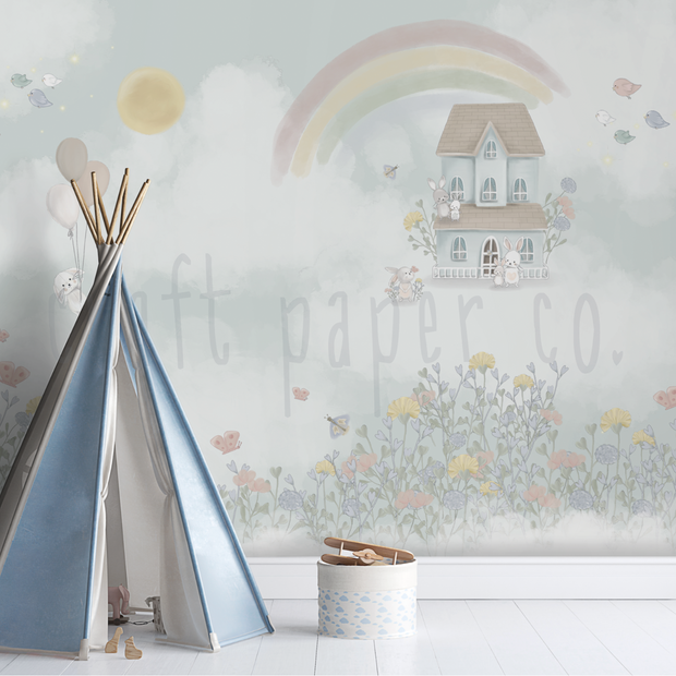 Gökkuşağı Evi Hayali Çocuk Odası Duvar Kağıdı — El çizimi, ölçüye özel üretim | Craft Paper Co