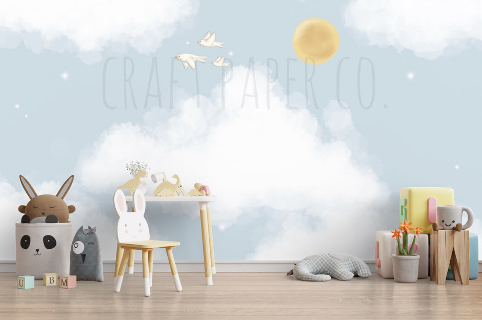 Hayal Gökyüzü Çocuk Odası Duvar Kağıdı — El çizimi, ölçüye özel üretim | Craft Paper Co