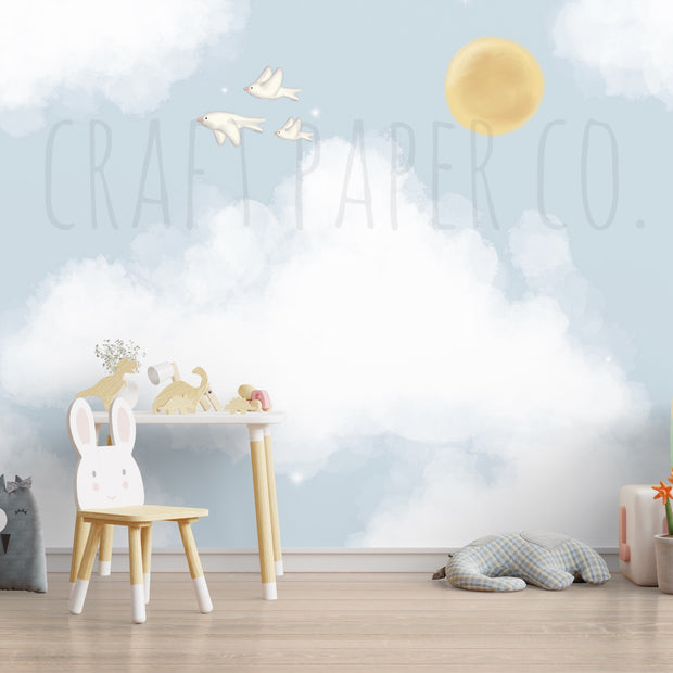 Hayal Gökyüzü Çocuk Odası Duvar Kağıdı — El çizimi, ölçüye özel üretim | Craft Paper Co