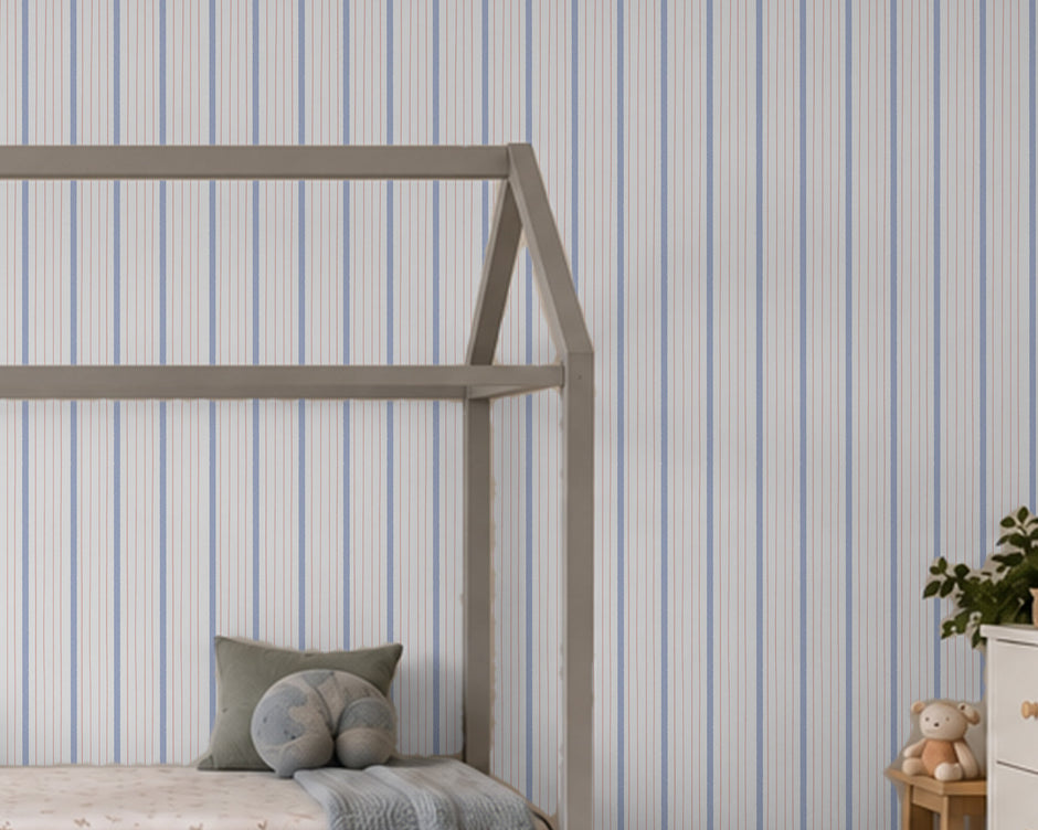 Thin Stripe Wallpaper Mural in Lilac Blue & Red; lilac-blue and red stripes behind a house bed | Craft Paper Co