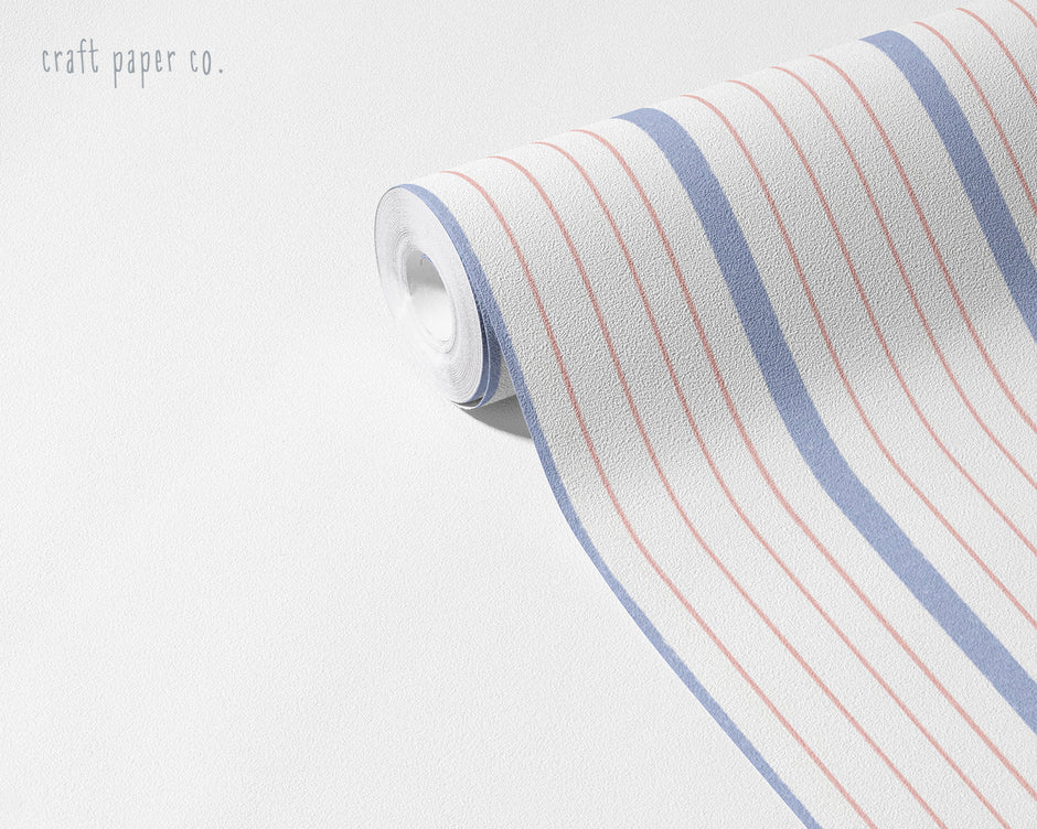 Thin Stripe Wallpaper Mural in Pink Lilac; unrolled roll showing thin pink and lilac stripes | Craft Paper Co