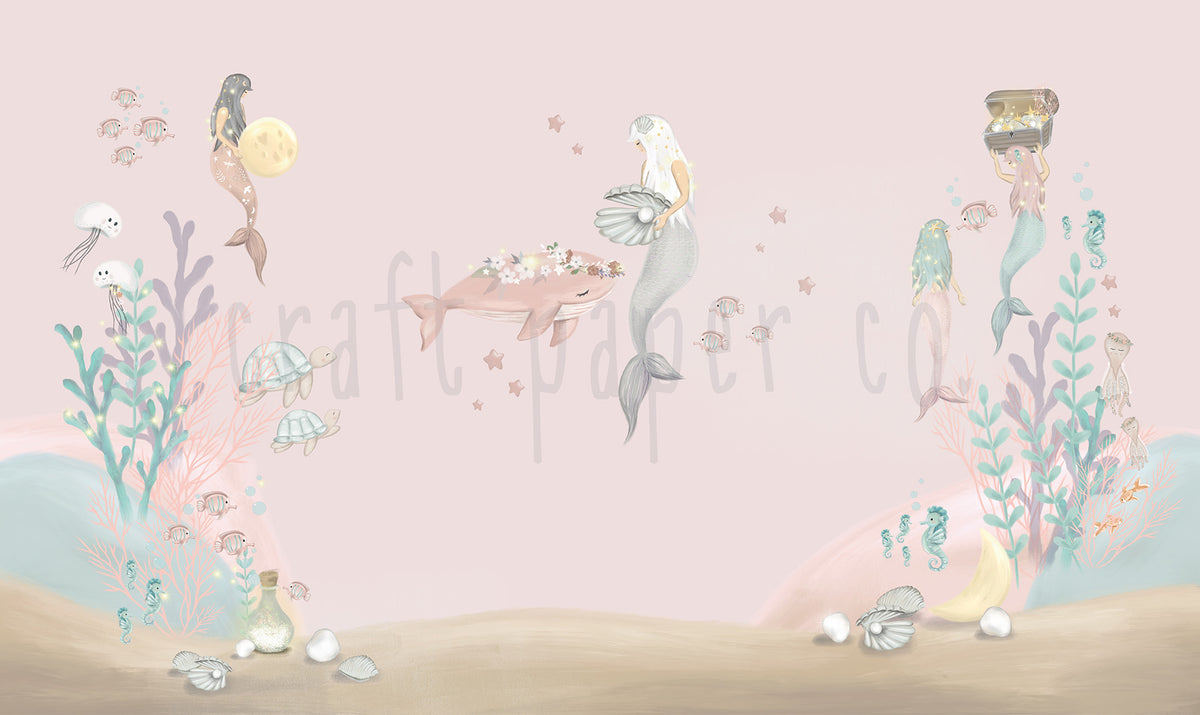 İnci ve Deniz Kızı Duvar Kağıdı; pembe fonda inci tutan deniz kızı ve balina | Craft Paper Co