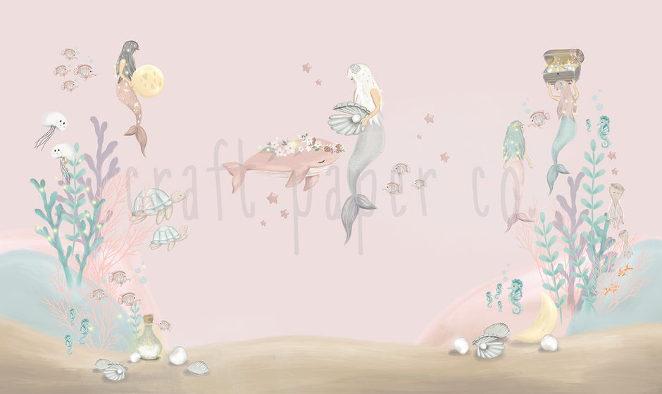 İnci ve Deniz Kızı Duvar Kağıdı; pembe fonda inci tutan deniz kızı ve balina | Craft Paper Co