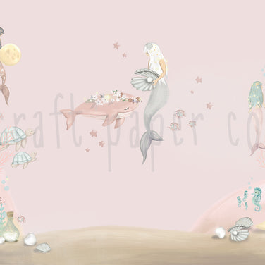 İnci ve Deniz Kızı Duvar Kağıdı; pembe fonda inci tutan deniz kızı ve balina | Craft Paper Co
