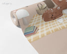 İskandinav Orman Duvar Kağıdı; açılmış rulo üzerinde piknik örtüsü, sepet ve uyuyan yavru geyik | Craft Paper Co