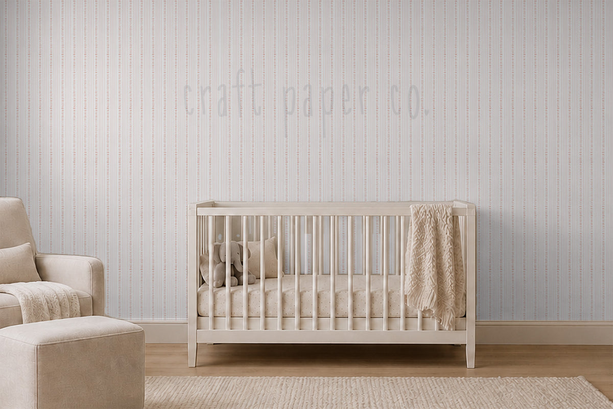 Keten Dikiş çocuk odası duvar kağıdı; pencereli sakin odada beşik üstünde ince kırmızı dikiş çizgileri | Craft Paper Co