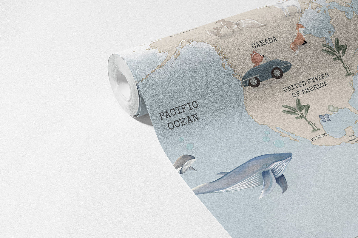 Klasik Dünya Haritası Gökyüzü Mavi Duvar Kağıdı; 94 cm non-woven kağıt rulosunda desen ve doku görünümü | Craft Paper Co