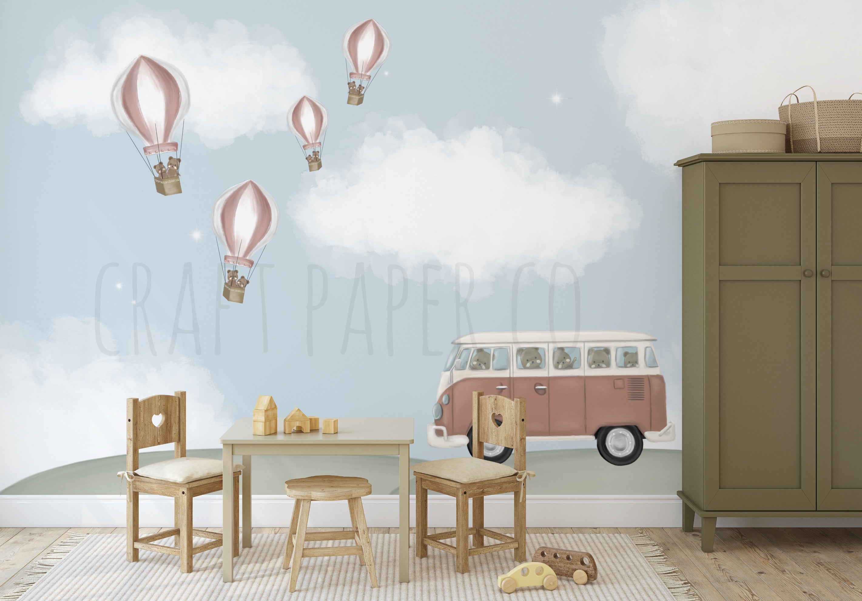 Maceralı Yolculuk (Kırmızı Balonlar) Çocuk Odası Duvar Kağıdı — El çizimi, ölçüye özel üretim | Craft Paper Co