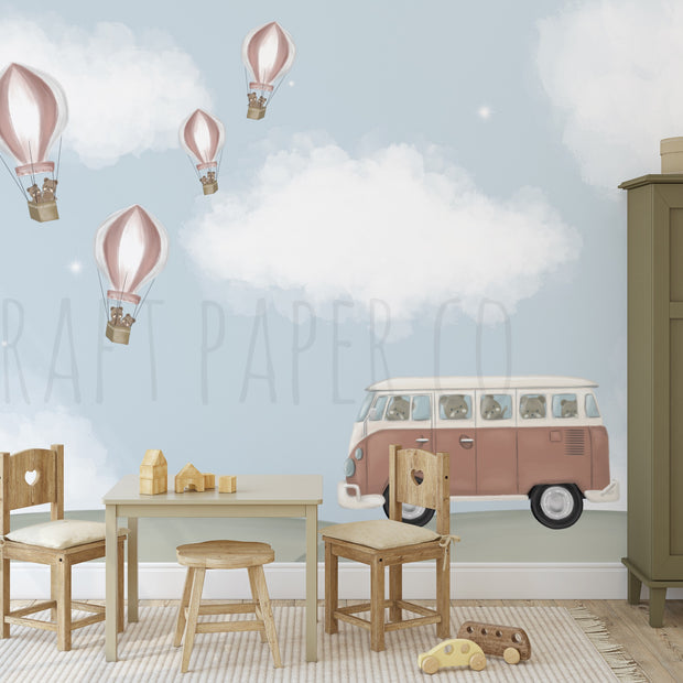 Maceralı Yolculuk (Kırmızı Balonlar) Çocuk Odası Duvar Kağıdı — El çizimi, ölçüye özel üretim | Craft Paper Co