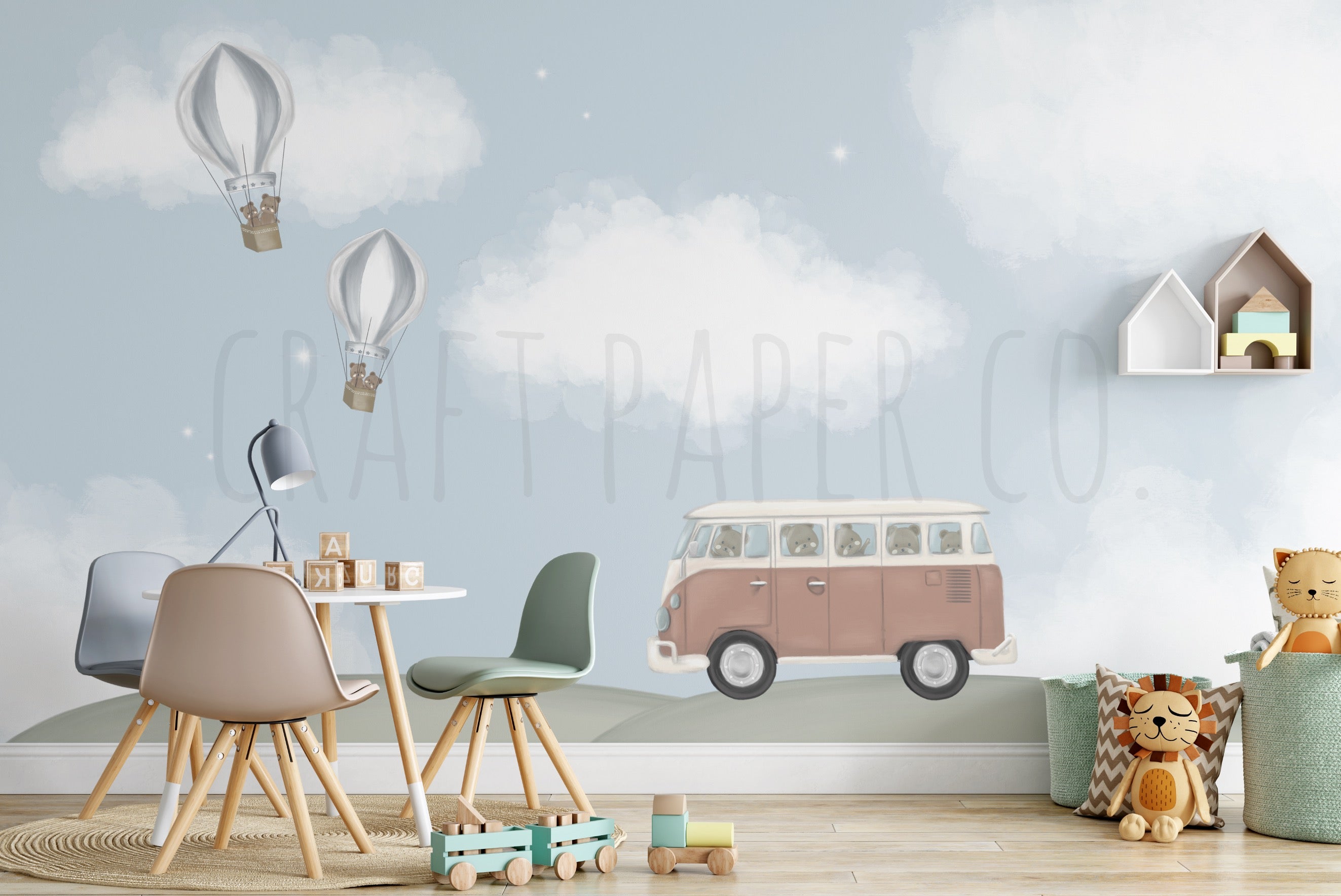 Maceralı Yolculuk (Mavi Balonlar) Çocuk Odası Duvar Kağıdı — El çizimi, ölçüye özel üretim | Craft Paper Co