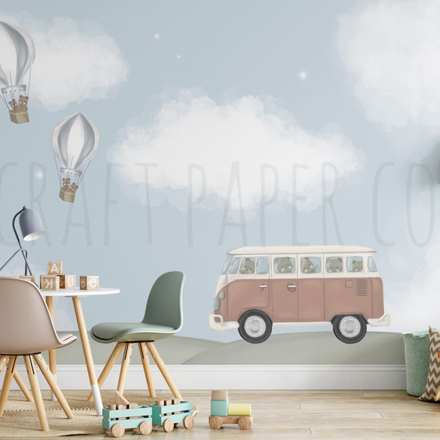 Maceralı Yolculuk (Mavi Balonlar) Çocuk Odası Duvar Kağıdı — El çizimi, ölçüye özel üretim | Craft Paper Co