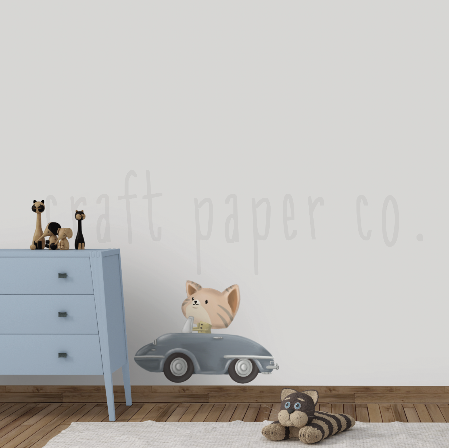 Mavi Arabalı Kedi Erkek Çocuk Odası Duvar Sticker — El çizimi çocuk odası duvar sticker | Craft Paper Co