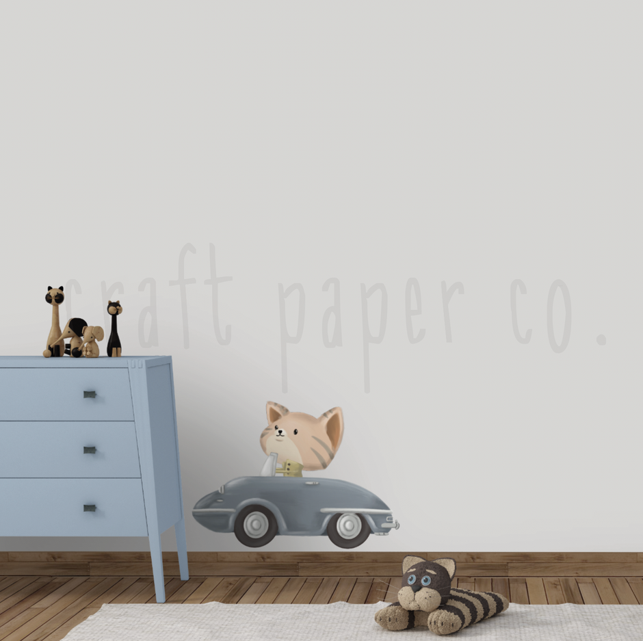 Mavi Arabalı Kedi Erkek Çocuk Odası Duvar Sticker — El çizimi çocuk odası duvar sticker | Craft Paper Co
