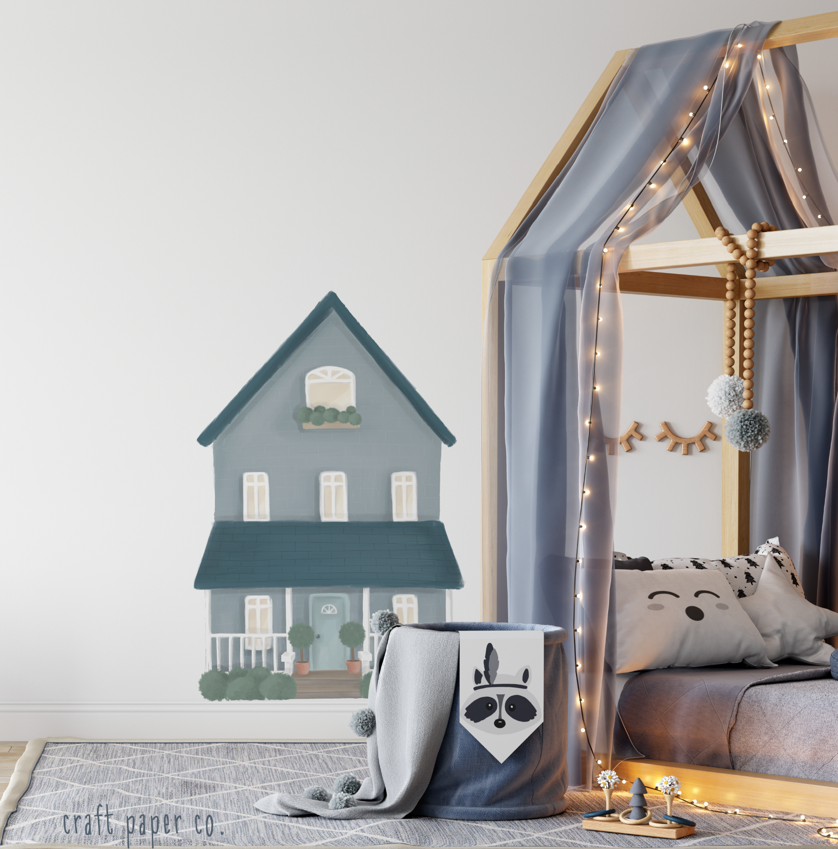Mavi Arabalı Kedinin Evi Erkek Çocuk Odası Duvar Sticker — El çizimi çocuk odası duvar sticker | Craft Paper Co