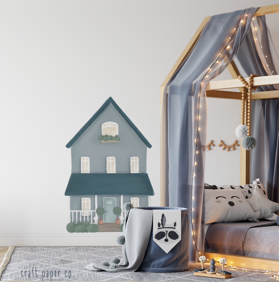 Mavi Arabalı Kedinin Evi Erkek Çocuk Odası Duvar Sticker — El çizimi çocuk odası duvar sticker | Craft Paper Co