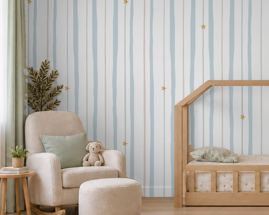 Blue & Beige Starry Stripe Wallpaper Mural; close-up of vertical stripes and stars behind a cream armchair | Craft Paper Co