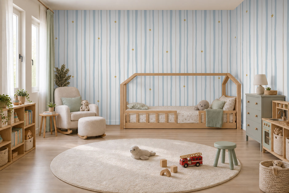 Blue & Beige Starry Stripe Wallpaper Mural; striped pattern wrapping onto the side wall in a kids' room with a wooden house bed | Craft Paper Co