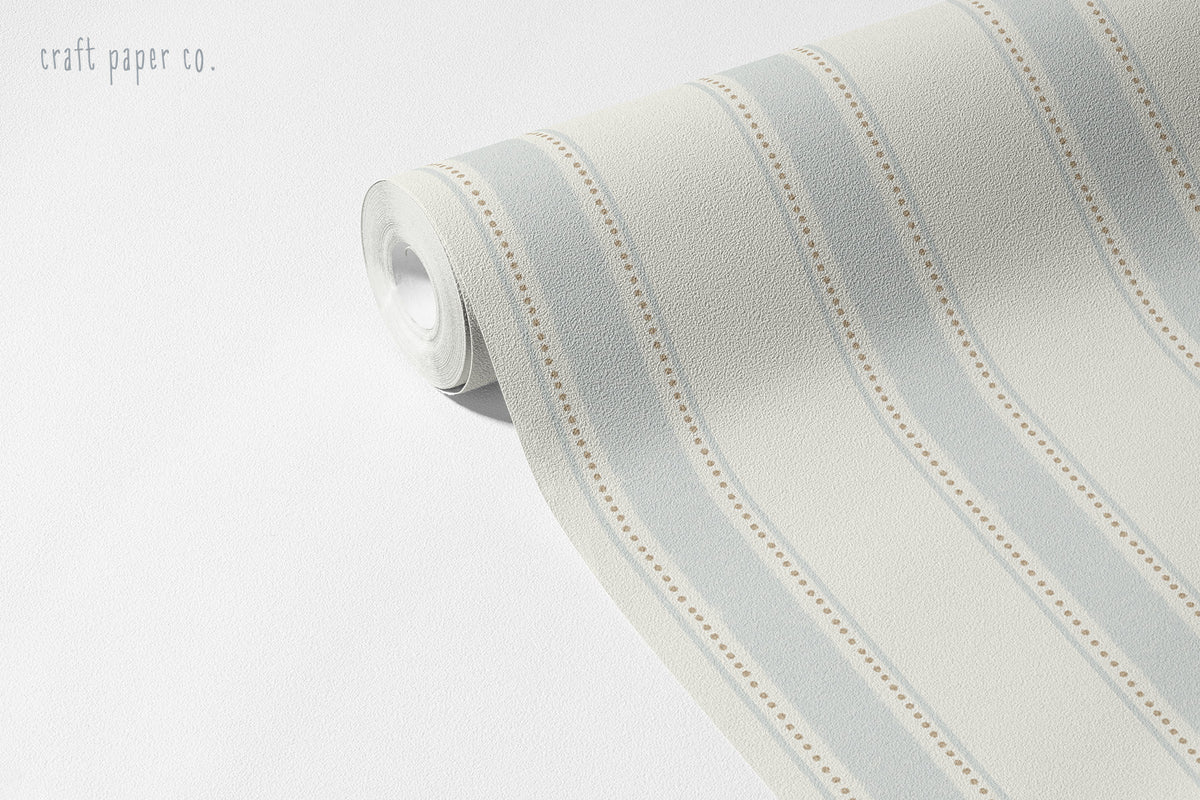 Mavi Noktalı Çizgili Duvar Kağıdı; rulo yakın çekim, pudra mavi çizgi ve noktalı hat | Craft Paper Co