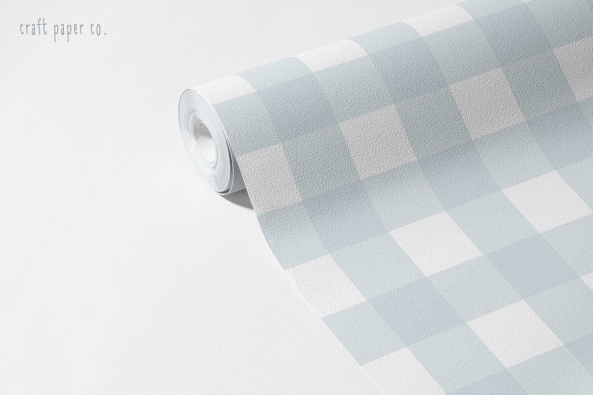 Mavi Pötikare Duvar Kağıdı; açılmış rulo üzerinde yaklaşık 5 cm pudra mavi kareler | Craft Paper Co