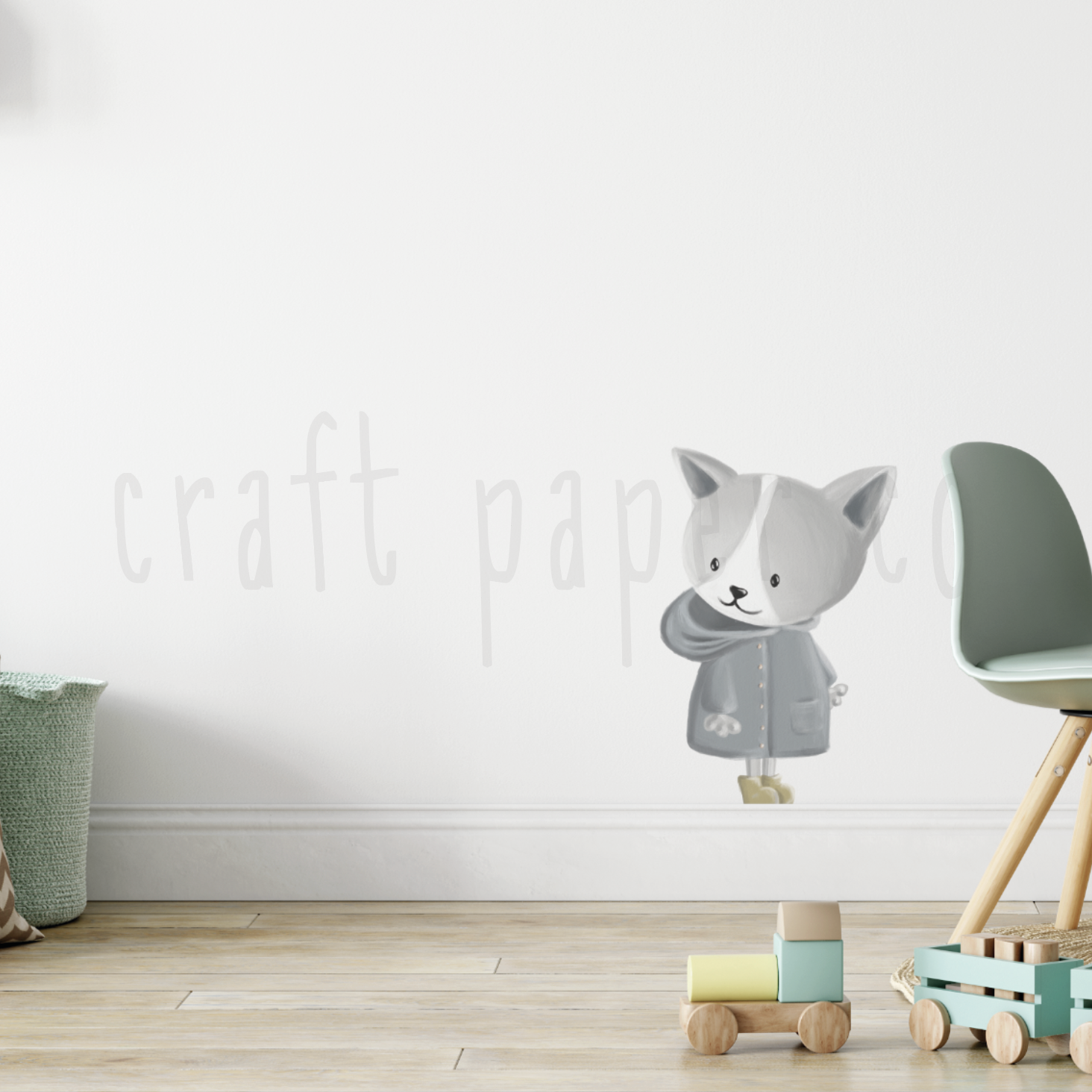 Mavi Yağmurluklu Kedi Çocuk Odası Duvar Sticker — detay görünümü | Craft Paper Co