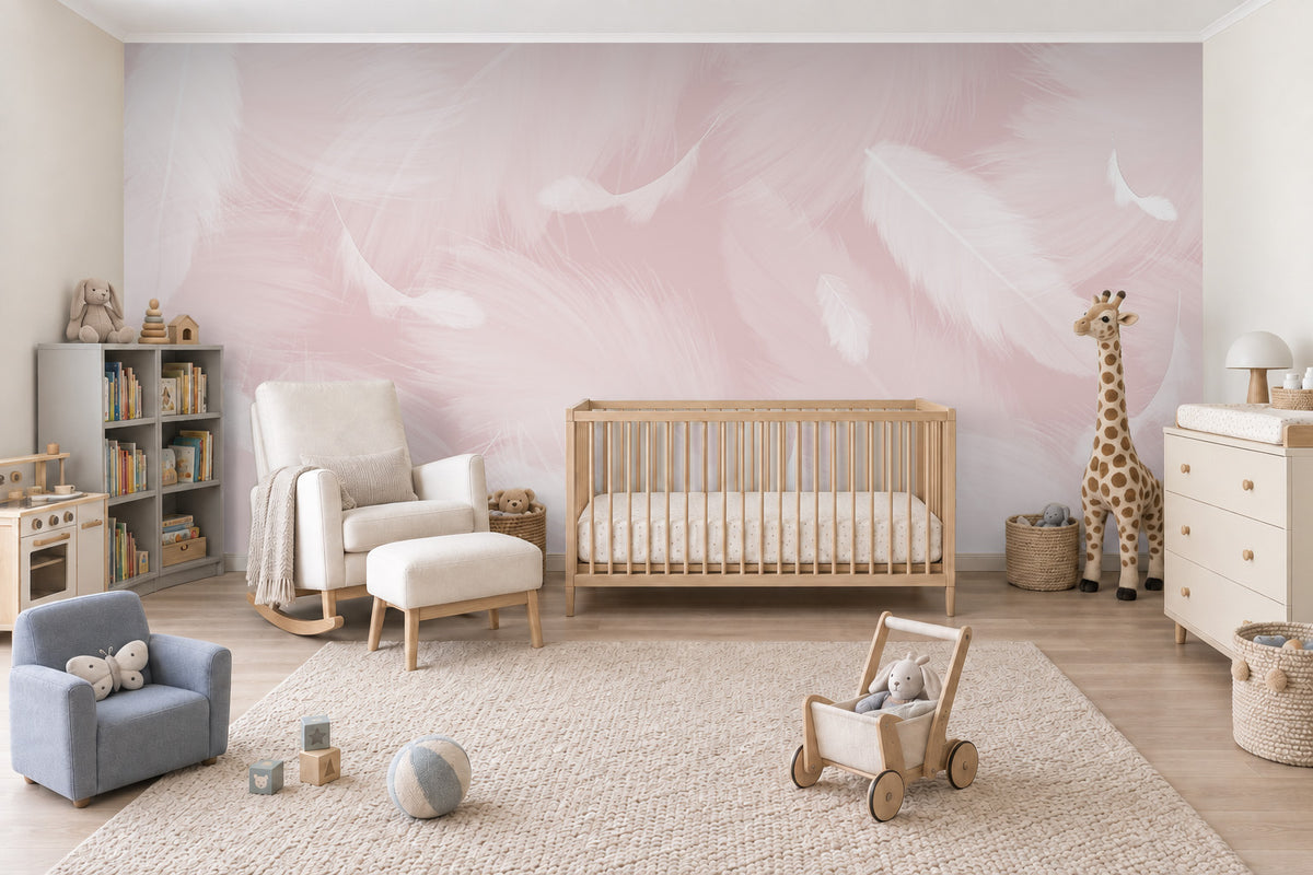 Melek Kanadı Tüyleri Pinky Pinky Duvar Kağıdı; doğal ışıklı bebek odasında beşik ve emzirme koltuğu ile duvar uygulaması | Craft Paper Co