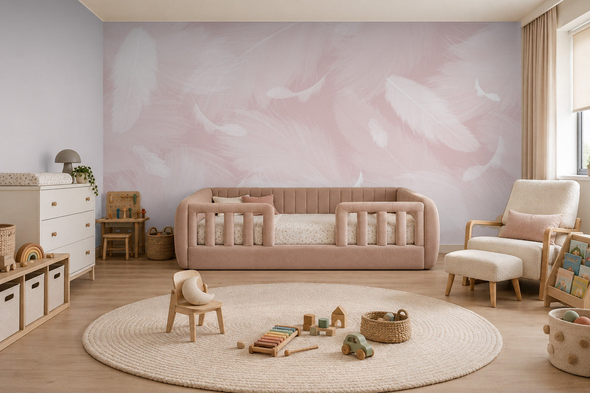Melek Kanadı Tüyleri Pinky Pinky Duvar Kağıdı; pembe montessori yataklı çocuk odasında doygun pembe tüy deseni | Craft Paper Co