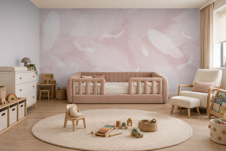 Melek Kanadı Tüyleri Pinky Pinky Duvar Kağıdı; pembe montessori yataklı çocuk odasında doygun pembe tüy deseni | Craft Paper Co