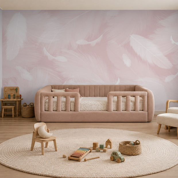 Melek Kanadı Tüyleri Pinky Pinky Duvar Kağıdı; pembe montessori yataklı çocuk odasında doygun pembe tüy deseni | Craft Paper Co
