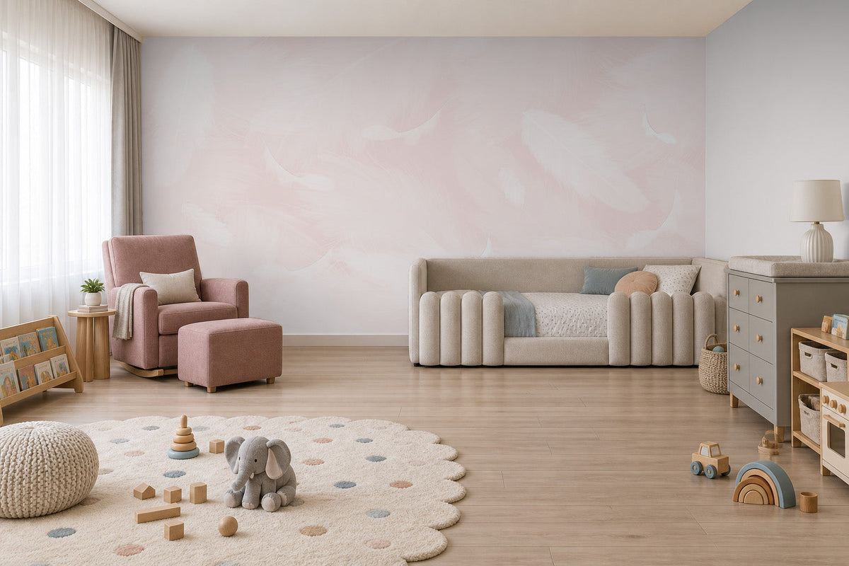 Melek Kanadı Tüyleri Vanilla Pink Duvar Kağıdı; pudra koltuk ve krem yataklı odada beyaza yakın pembe tüy deseni | Craft Paper Co