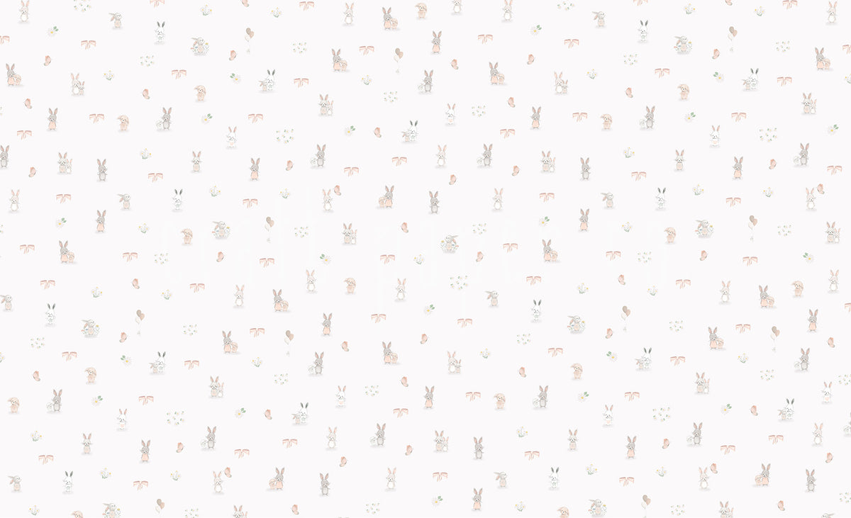 Mini Tavşanlı Desen Duvar Kağıdı; kırık beyaz zeminde minik tavşan ve papatyaların filigranlı görünümü | Craft Paper Co