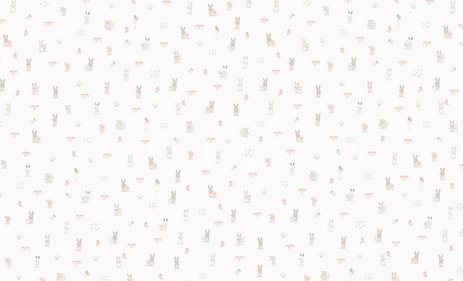 Mini Tavşanlı Desen Duvar Kağıdı; kırık beyaz zeminde minik tavşan ve papatyaların filigranlı görünümü | Craft Paper Co