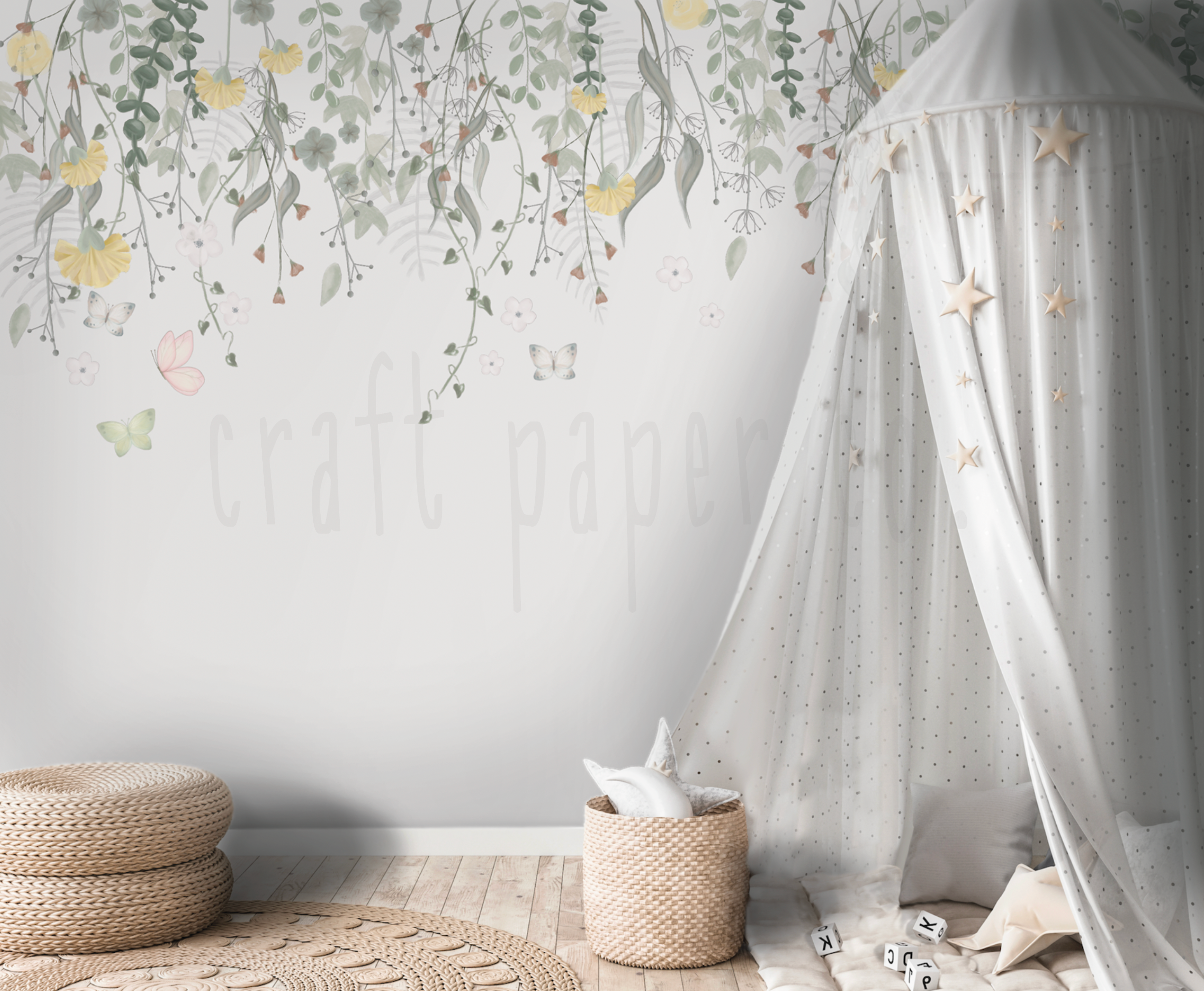 Minik Sarı Çiçekler ve Kelebekler Çocuk Odası Duvar Kağıdı — El çizimi, ölçüye özel üretim | Craft Paper Co