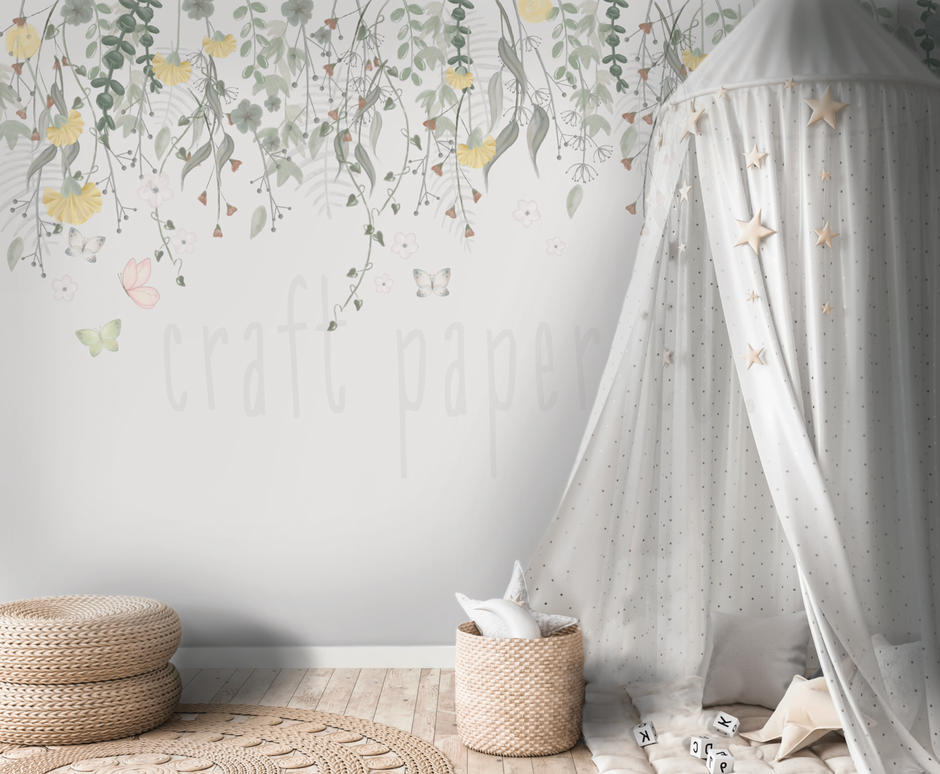 Minik Sarı Çiçekler ve Kelebekler Çocuk Odası Duvar Kağıdı — El çizimi, ölçüye özel üretim | Craft Paper Co