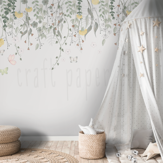 Minik Sarı Çiçekler ve Kelebekler Çocuk Odası Duvar Kağıdı — El çizimi, ölçüye özel üretim | Craft Paper Co