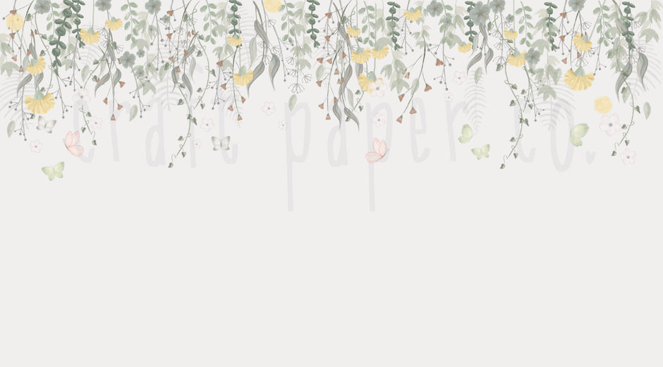 Sarı Çiçekler ve Kelebekler Duvar Kağıdı — detay görünümü | Craft Paper Co