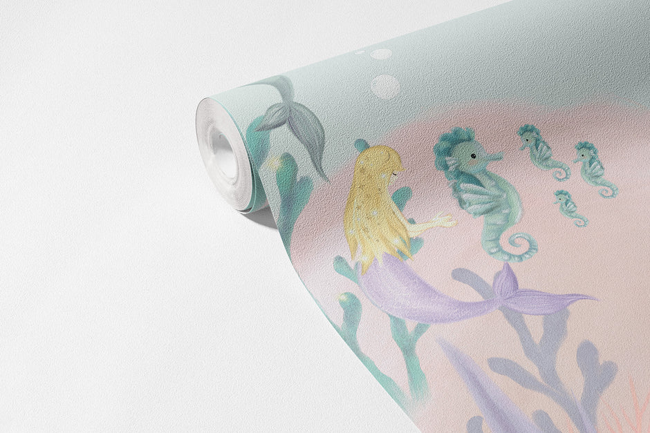 Mint Balina ve Küçük Deniz Kızları Duvar Kağıdı; desenli kağıt rulosunda doku | Craft Paper Co