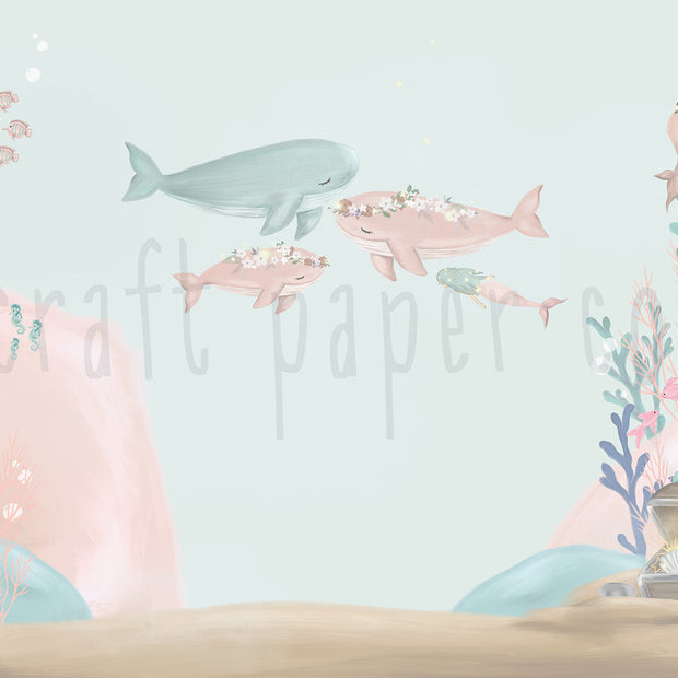 Mint Balina ve Küçük Deniz Kızları Duvar Kağıdı; mint balina, deniz kızları ve pembe balinalar | Craft Paper Co