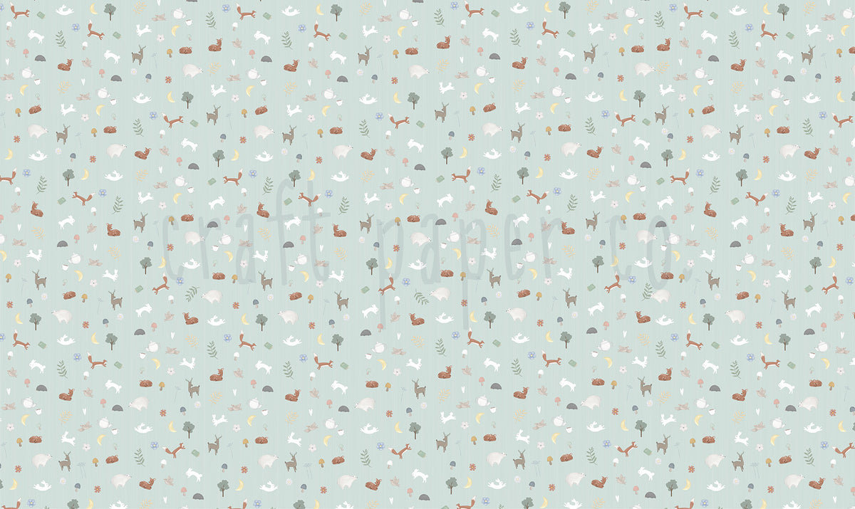 Nordik Desen Duvar Kağıdı; mint zeminde tilki, tavşan, geyik, ayı, kirpi ve orman figürleri | Craft Paper Co