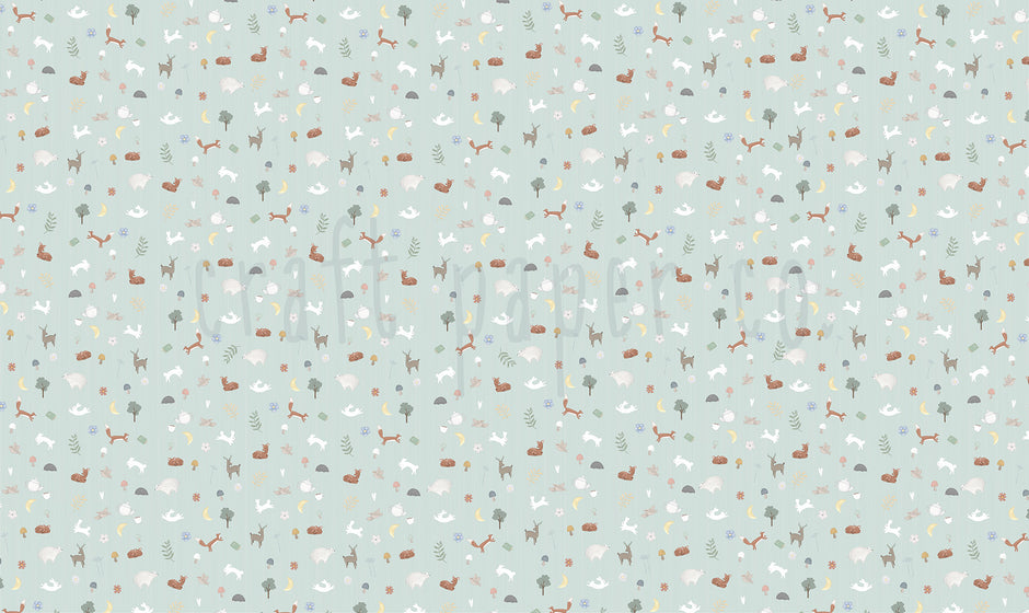 Nordik Desen Duvar Kağıdı; mint zeminde tilki, tavşan, geyik, ayı, kirpi ve orman figürleri | Craft Paper Co