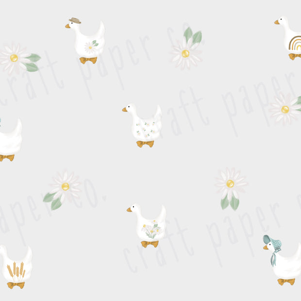 Ördekli Duvar Sticker tasarımı; fiyonklu beyaz ördekler, papatyalar ve gökkuşağı desenli ördek | Craft Paper Co