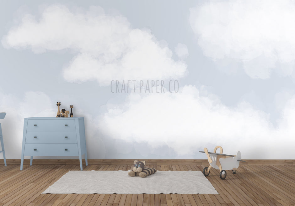 Bulutlar Mavi Çocuk Odası Duvar Kağıdı — El çizimi, 10 renk seçeneği, ölçüye özel üretim | Craft Paper Co