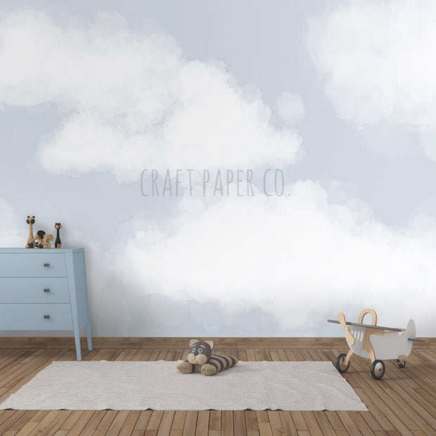 Bulutlar Mavi Çocuk Odası Duvar Kağıdı — El çizimi, 10 renk seçeneği, ölçüye özel üretim | Craft Paper Co