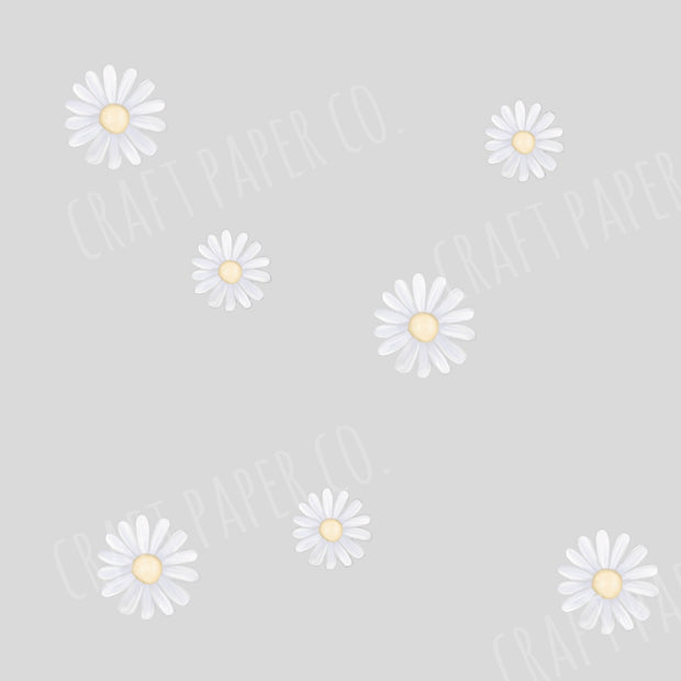 Papatya Çocuk Odası Duvar Sticker tasarımı; gri fonda dağınık beyaz papatyalar, sarı göbekli | Craft Paper Co